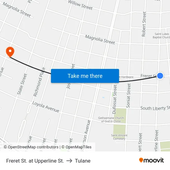 Freret St. at Upperline St. to Tulane map
