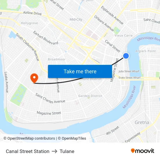 Canal Street Station to Tulane map