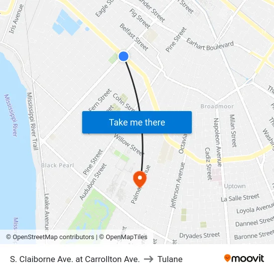 S. Claiborne Ave. at Carrollton Ave. to Tulane map