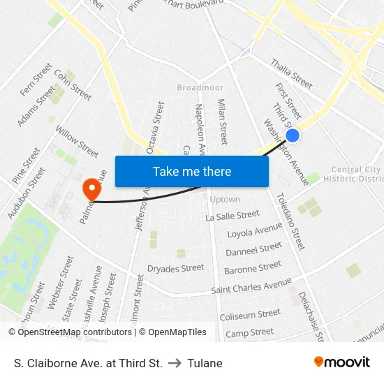 S. Claiborne Ave. at Third St. to Tulane map