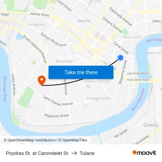 Poydras St. at Carondelet St. to Tulane map