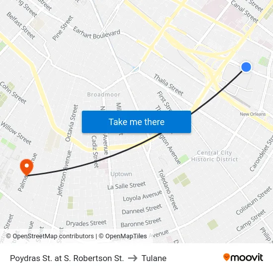 Poydras St. at S. Robertson St. to Tulane map