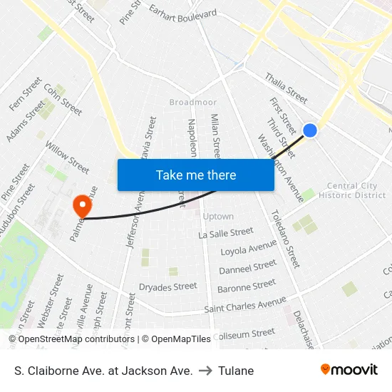S. Claiborne Ave. at Jackson Ave. to Tulane map