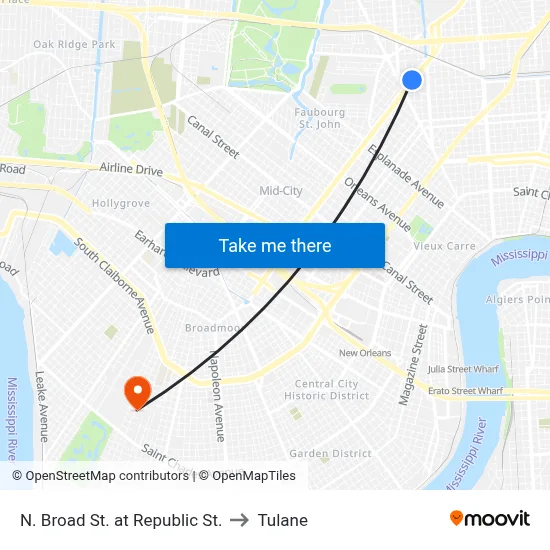 N. Broad St. at Republic St. to Tulane map