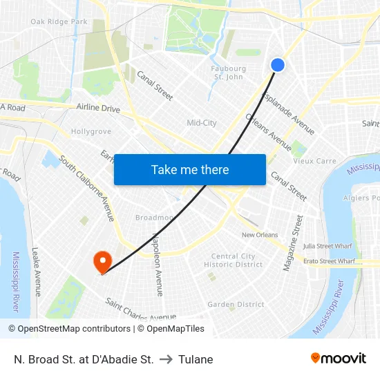 N. Broad St. at D'Abadie St. to Tulane map