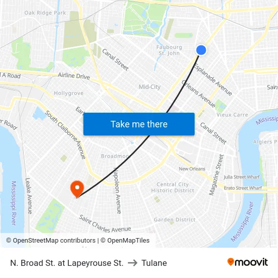 N. Broad St. at Lapeyrouse St. to Tulane map