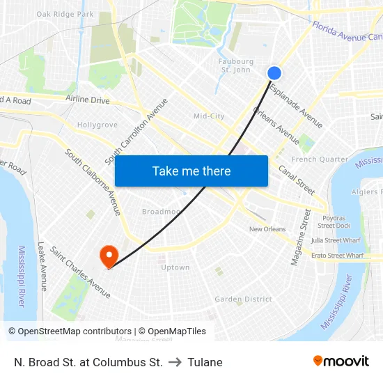 N. Broad St. at Columbus St. to Tulane map