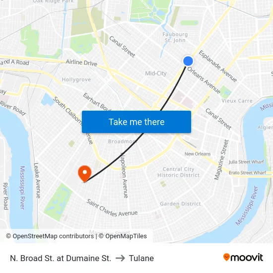 N. Broad St. at Dumaine St. to Tulane map