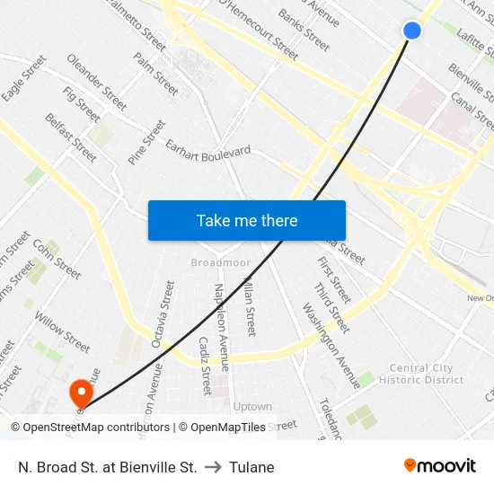 N. Broad St. at Bienville St. to Tulane map