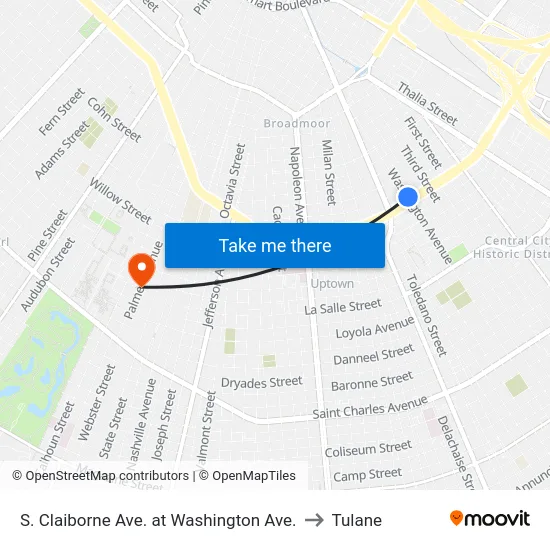 S. Claiborne Ave. at Washington Ave. to Tulane map