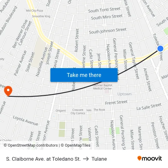 S. Claiborne Ave. at Toledano St. to Tulane map