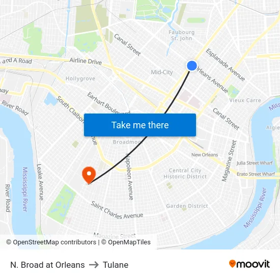 N. Broad at Orleans to Tulane map