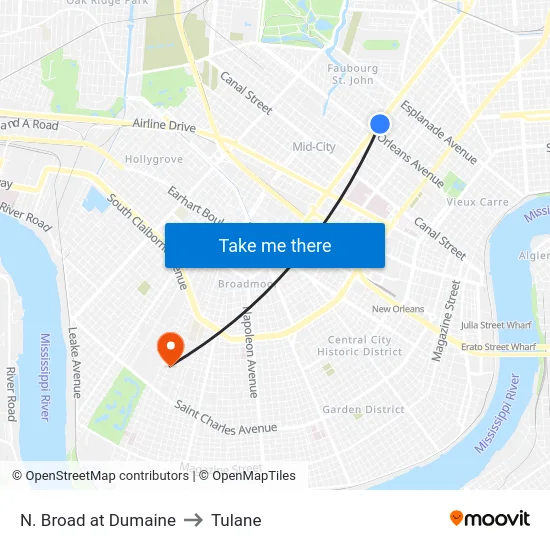 N. Broad at Dumaine to Tulane map