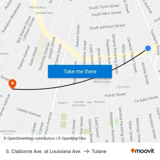 S. Claiborne Ave. at Louisiana Ave. to Tulane map