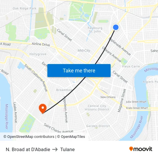 N. Broad at D'Abadie to Tulane map