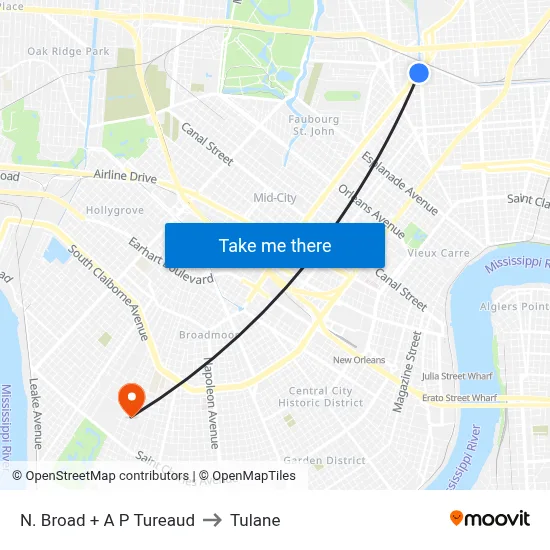 N. Broad + A P Tureaud to Tulane map