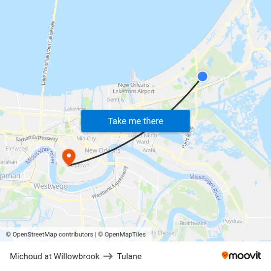 Michoud at Willowbrook to Tulane map