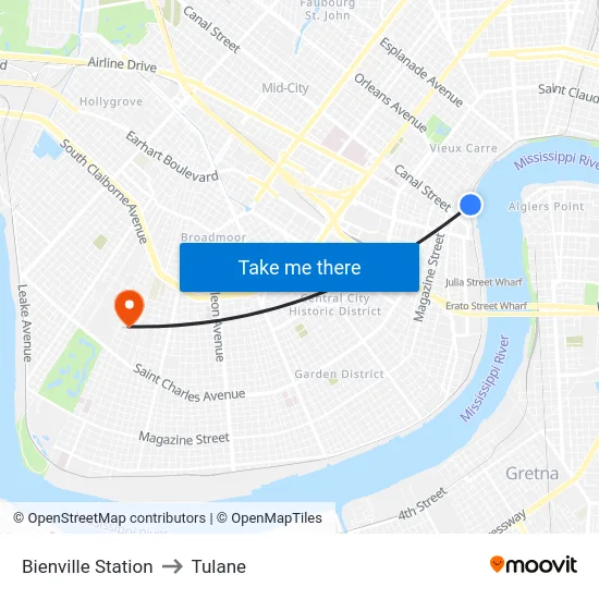 Bienville Station to Tulane map