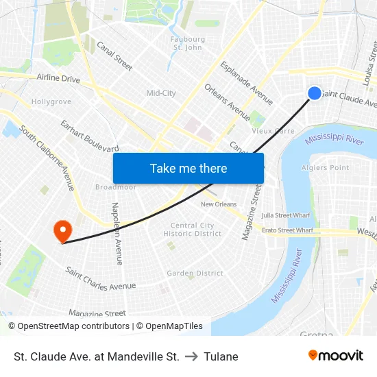 St. Claude Ave. at Mandeville St. to Tulane map
