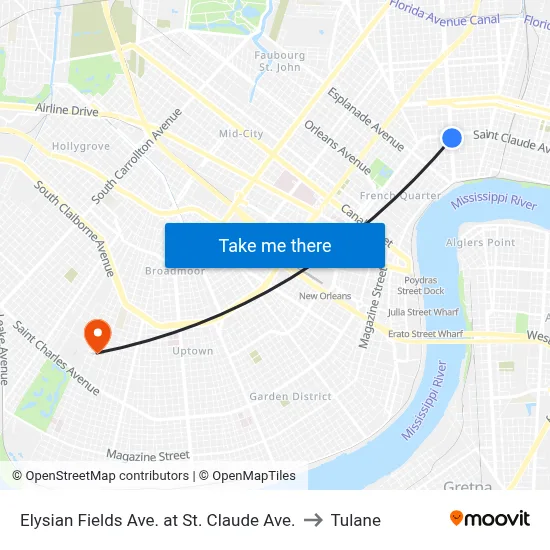 Elysian Fields Ave. at St. Claude Ave. to Tulane map
