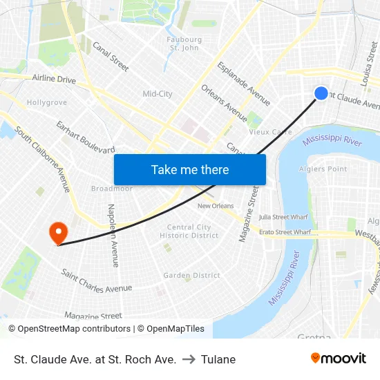 St. Claude Ave. at St. Roch Ave. to Tulane map