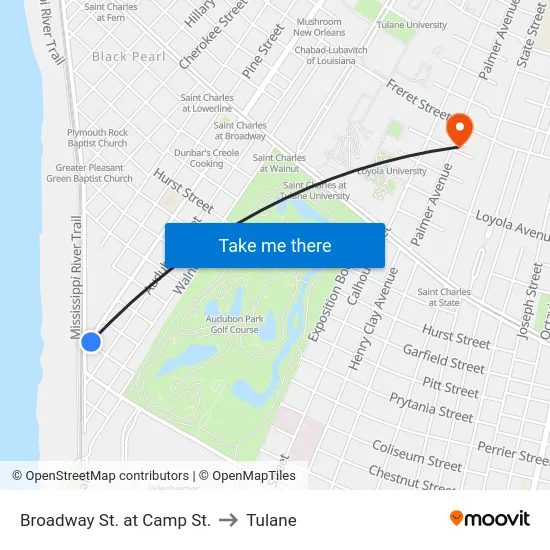 Broadway St. at Camp St. to Tulane map