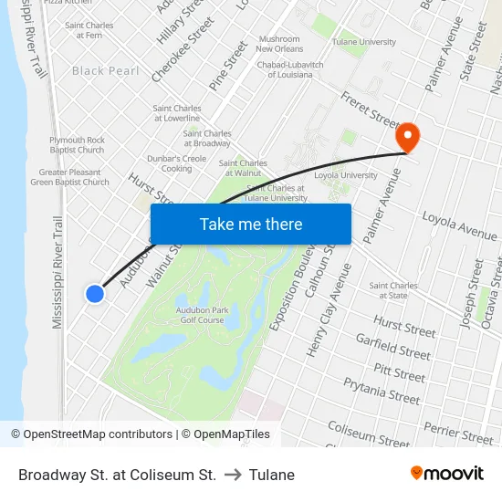 Broadway St. at Coliseum St. to Tulane map