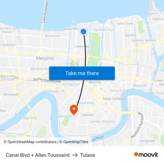 Canal Blvd + Allen Toussaint to Tulane map