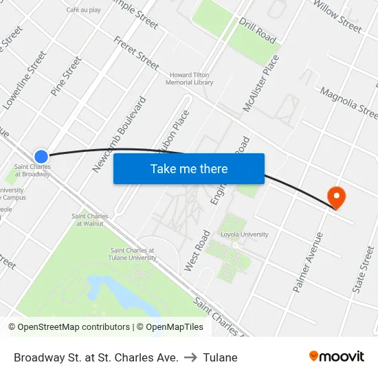 Broadway St. at St. Charles Ave. to Tulane map