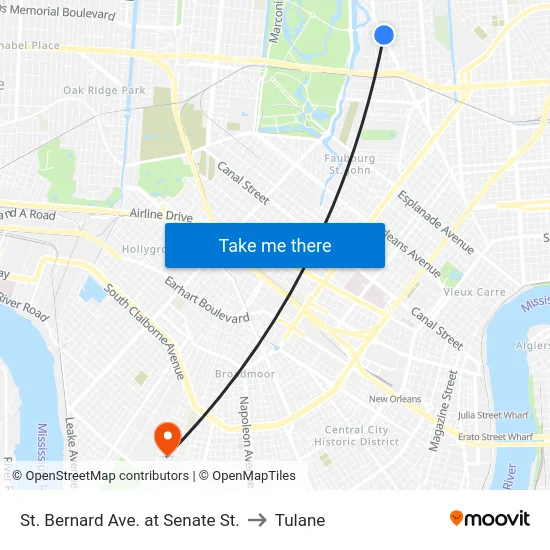 St. Bernard Ave. at Senate St. to Tulane map