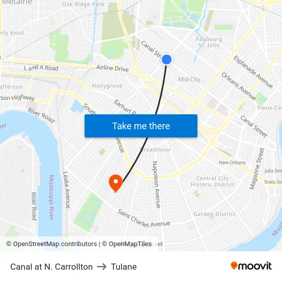 Canal at N. Carrollton to Tulane map