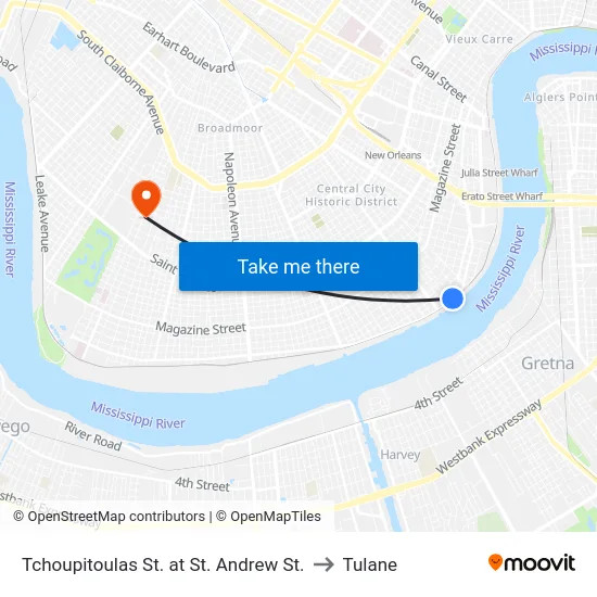 Tchoupitoulas St. at St. Andrew St. to Tulane map