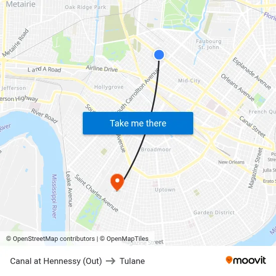 Canal at Hennessy (Out) to Tulane map