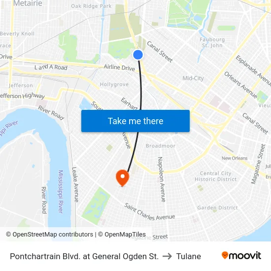 Pontchartrain Blvd. at General Ogden St. to Tulane map