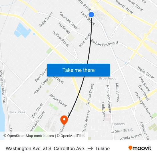 Washington Ave. at S. Carrollton Ave. to Tulane map