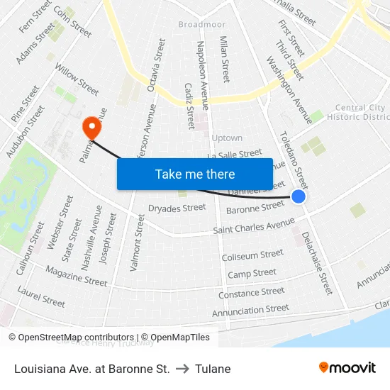 Louisiana Ave. at Baronne St. to Tulane map