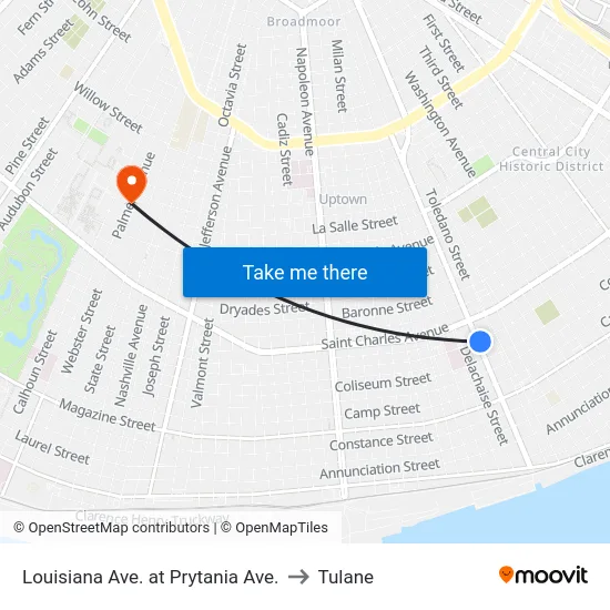 Louisiana Ave. at Prytania Ave. to Tulane map