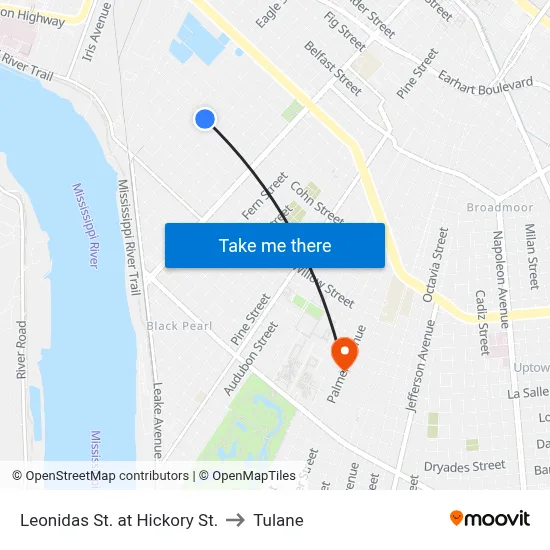Leonidas St. at Hickory St. to Tulane map