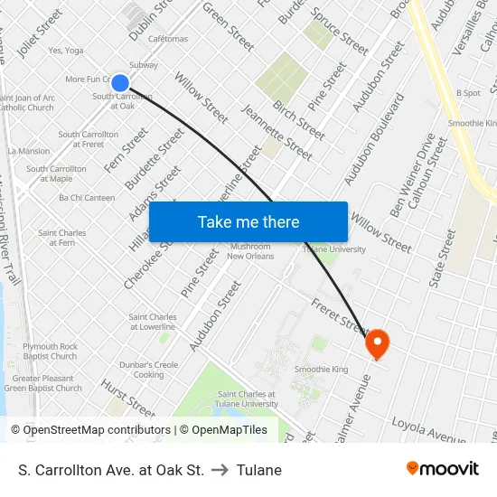 S. Carrollton Ave. at Oak St. to Tulane map