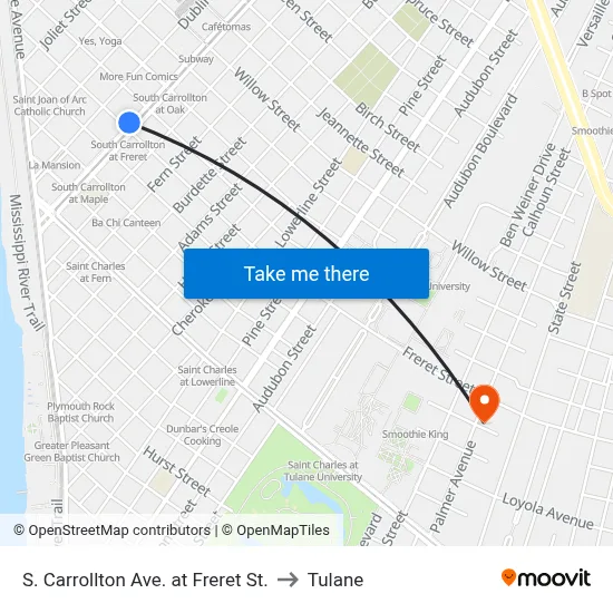 S. Carrollton Ave. at Freret St. to Tulane map