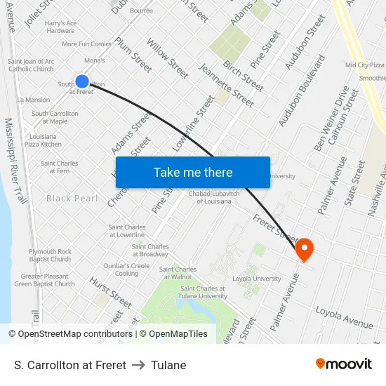S. Carrollton at Freret to Tulane map