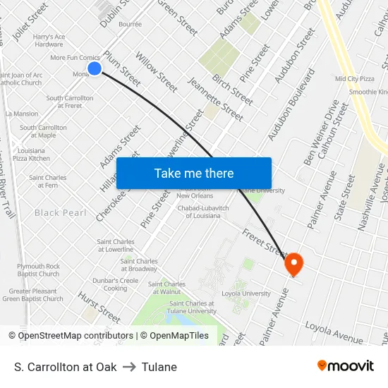 S. Carrollton at Oak to Tulane map