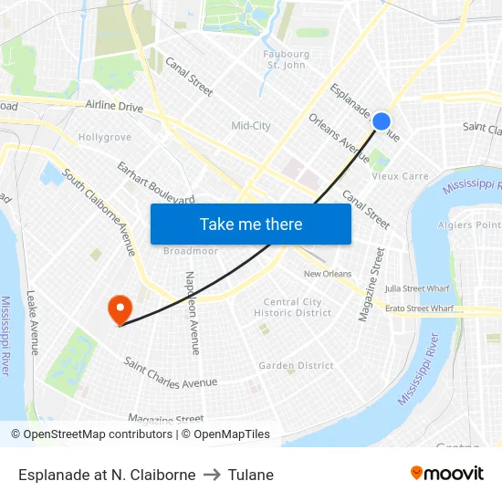 Esplanade at N. Claiborne to Tulane map