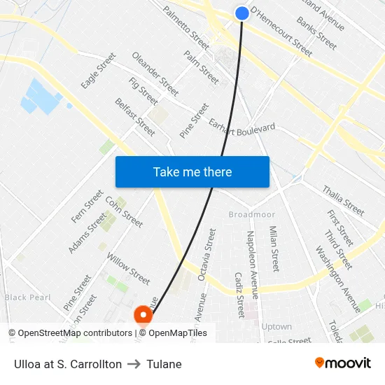 Ulloa at S. Carrollton to Tulane map