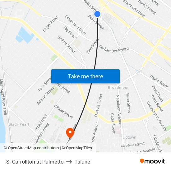 S. Carrollton at Palmetto to Tulane map
