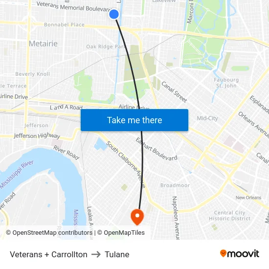 Veterans + Carrollton to Tulane map