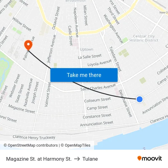 Magazine St. at Harmony St. to Tulane map