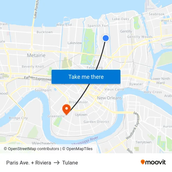 Paris Ave. + Riviera to Tulane map