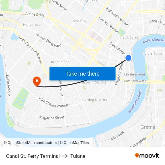 Canal St. Ferry Terminal to Tulane map