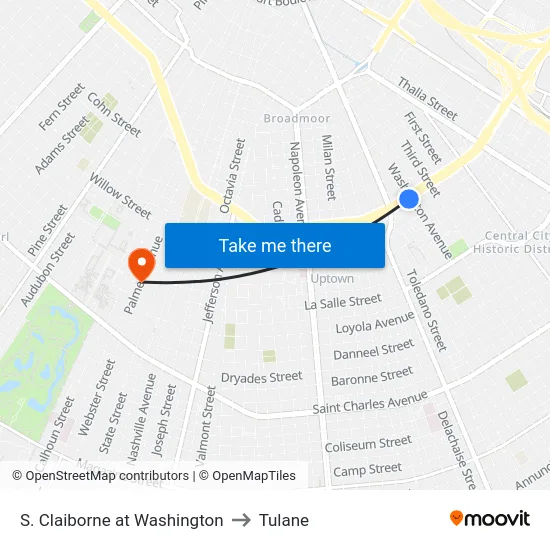 S. Claiborne at Washington to Tulane map